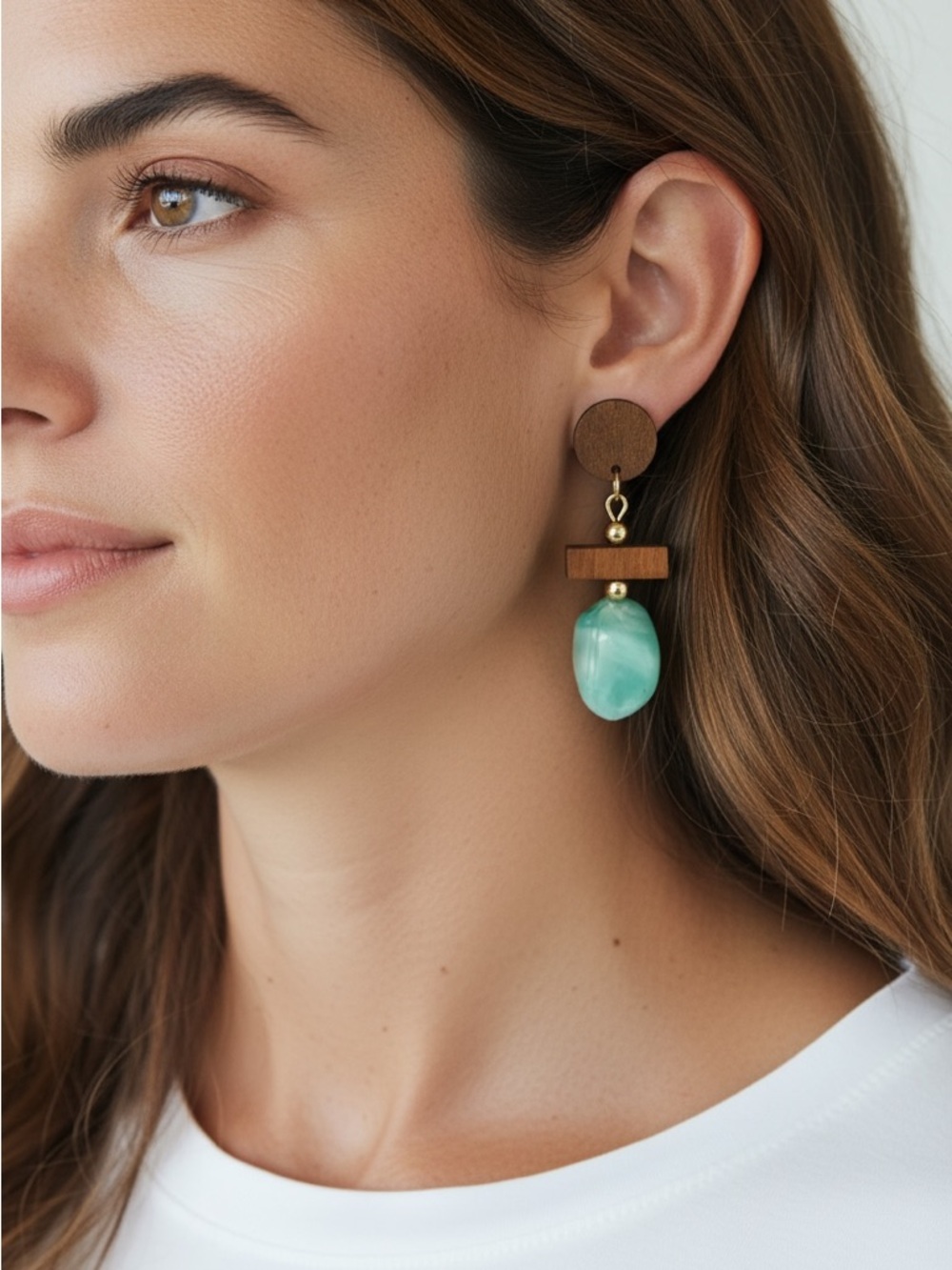 New Wood & Aqua Drop Statement Earrings - Women's Jewelry